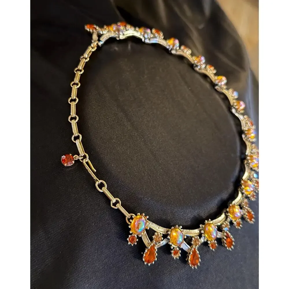 Vintage Signed Coro Necklace and Clip Earrings Set • Teardrop Choker • AB Oil S